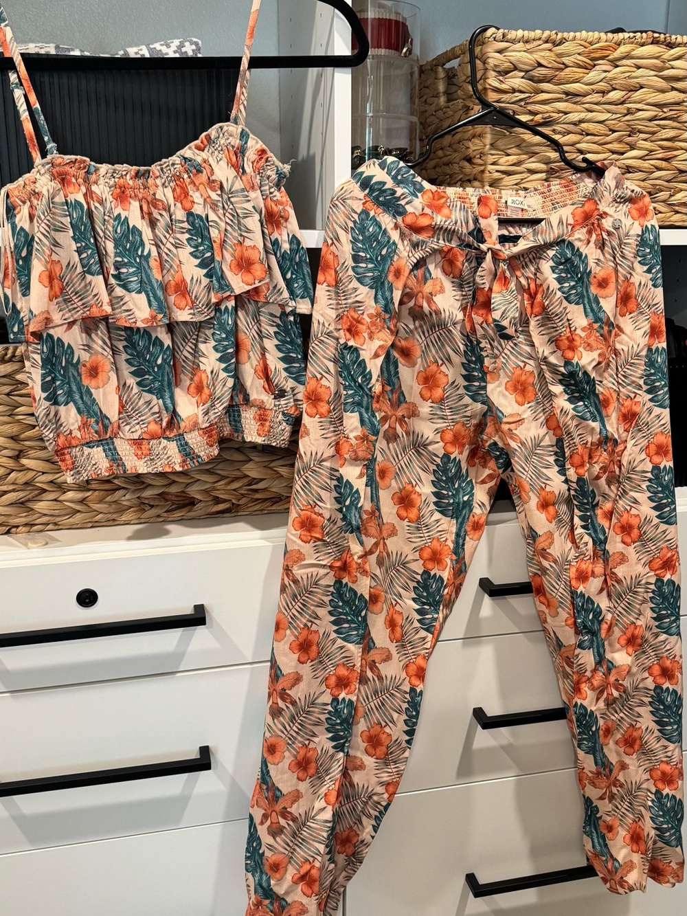 Roxy Women's Floral Tropical Pajama Set in Peach and Teal